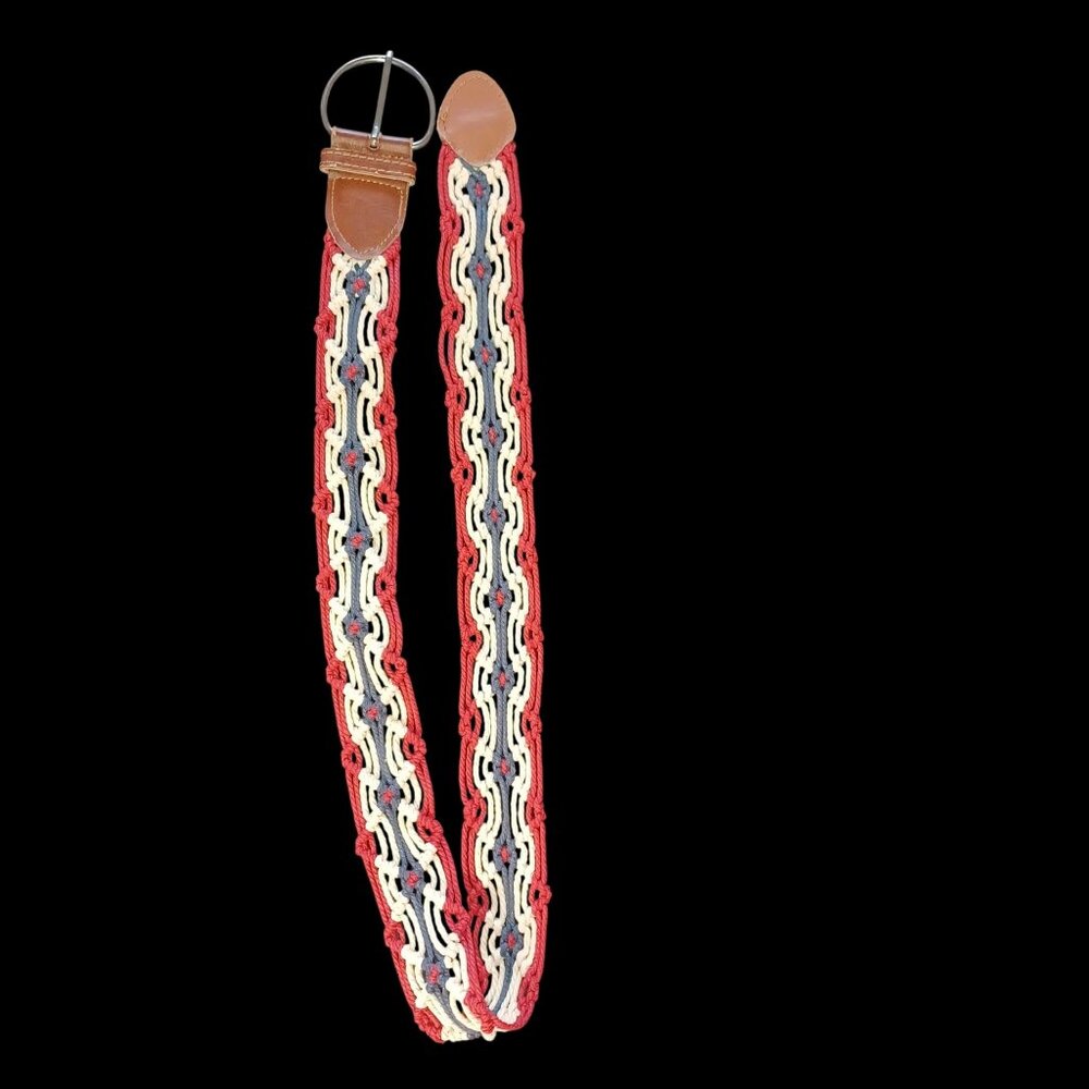Macrame Red White Blue Woven Rope Buckle Belt Boho Coastal Western Patriotic